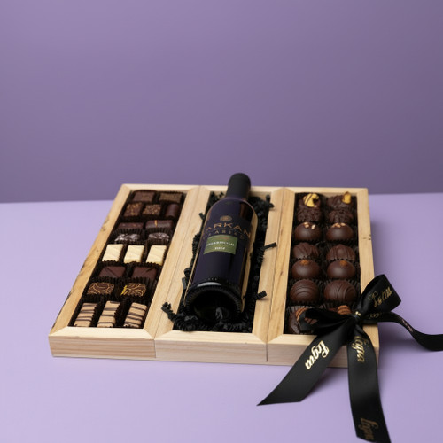 Gift Set: 3 Sectional Wood Tray with Wine & Assorted Chocolate Truffles