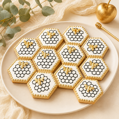 Rosh Hashana Black and Gold Hexagon Sugar Cookies- 12 Per Tray