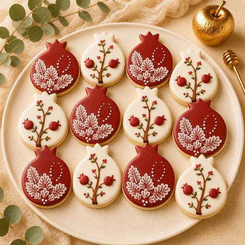Rosh Hashana Assorted Pomegranate Sugar Cookies- 12 Per Tray