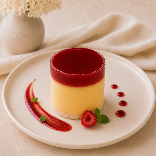 Mango Tower, made with Mango Puree Sorbet, a vanilla center, and topped with Strawberry Puree. Made with real fruit!