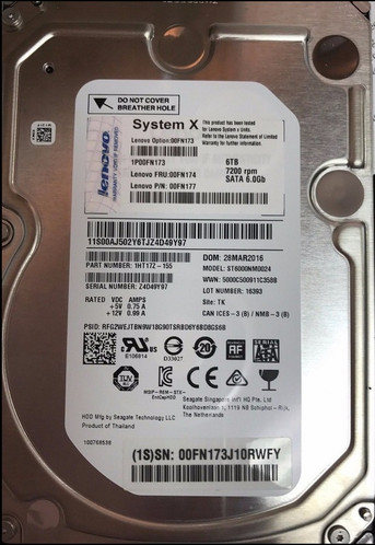 00FN174 Lenovo 6TB 7200RPM SATA 6.0 Gbps 3.5 64MB Cache Hot Swap Hard Drive