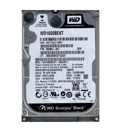 WD1600BEKT-60A25T1 - Western Digital Scorpio Black 160GB 7200RPM Hard Drive