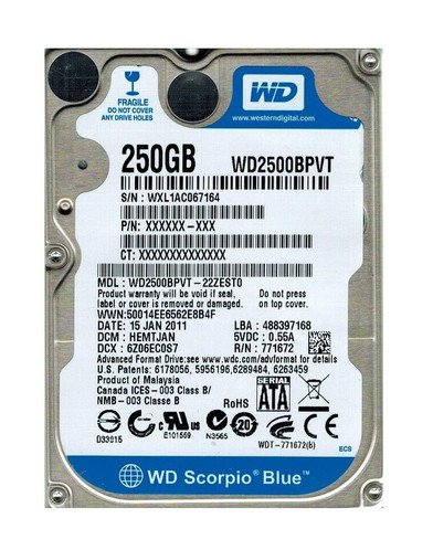 Western Digital Scorpio Blue 250GB 5400RPM SATA 2.5 HDD - WD2500BPVT-22ZESTO - Compatible with laptops