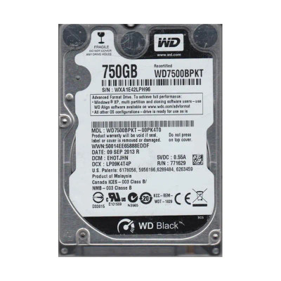 Western Digital Scorpio Black 750GB 7200RPM SATA 3Gb/s 16MB Cache 2.5-inch Hard Drive mounted in a laptop