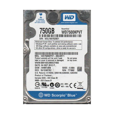 Western Digital Scorpio Blue 750GB SATA Hard Drive for Laptops - 5200RPM, 8MB Cache - 2.5-inch Size