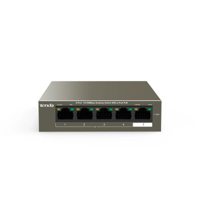Tenda 5-Port 10/100Mbps Desktop Switch with 4-Port PoE, ideal for powering IP cameras and VoIP phones