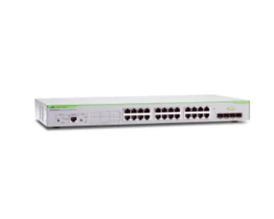Allied Telesis CentreCOM 24-Port Ethernet Switch, AT-GS924M, rack-mounted for network connectivity.