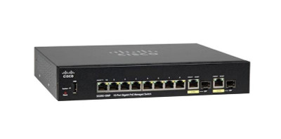 Cisco Small Business SG350-10MP 8-Ports SFP 10/100/1000B switch mounted in a server rack