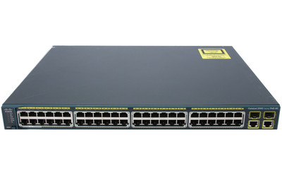 Cisco Catalyst 2960 Plus 48 10/100 + 2 T/Sfp Lan Base switch mounted in a server rack
