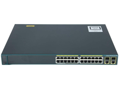 Cisco Catalyst 2960 Plus 24 Port 10/100 (8 Poe) + 2 T/Sfp Lan Base switch mounted in a server rack