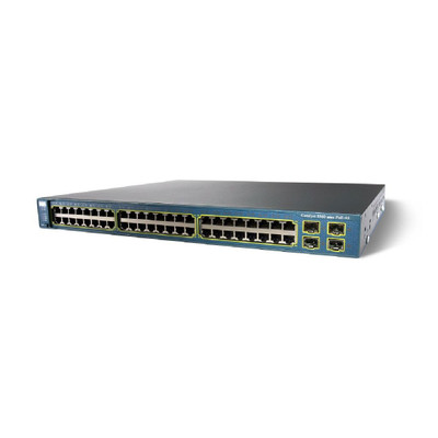 Cisco Catalyst 3560 48-Ports POE Switch, 4 SFP, WS-C3560-48PS-S, mounted in a network rack
