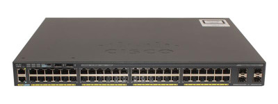 Cisco Catalyst 2960-X 48-Ports 10/100/1000Base-T RJ WS-C2960X-48LPS-L= network switch mounted in a server rack
