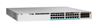 Cisco Catalyst 9300 24-Port Upoe Network Essentials switch mounted in a server rack