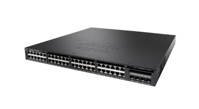 Cisco Catalyst 3650 48 Port Full Poe 4X10G Uplink Lan Base, WS-C3650-48FQ-L-RF, mounted in a network switch rack