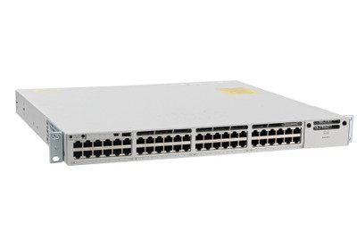Cisco Catalyst 9300 48-Port 5Gbps Network Essentials switch mounted in a server rack