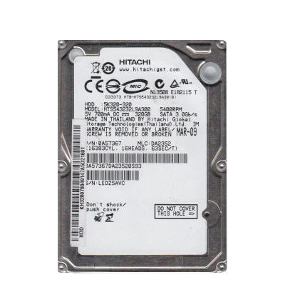 Hitachi Travelstar 5K320 320GB SATA Hard Drive for Laptops - 2.5-inch 5400RPM 3Gb/s 8MB Cache - Part Number 0A57367