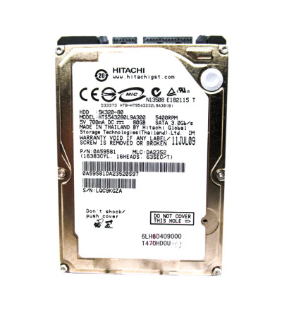 0A59581 - Hitachi 80GB 5400RPM SATA 8MB 2.5" HDD