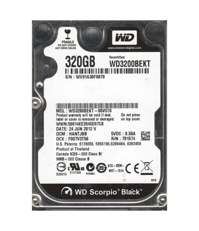 Western Digital Scorpio Black 320GB 7200RPM SATA 3Gb/s 16MB Cache 2.5-Inch Hard Drive mounted in a laptop