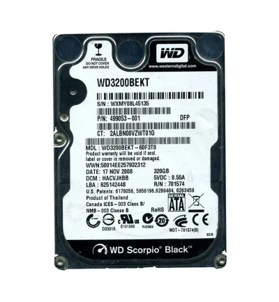 Western Digital Scorpio Black 320GB 7200RPM SATA 3Gb/s 16MB Cache 2.5-Inch Hard Drive mounted in laptop