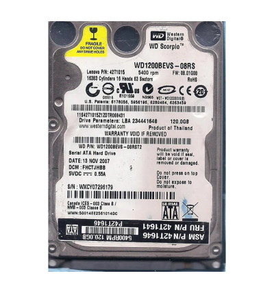 Western Digital Scorpio 120GB 5400RPM SATA 1.5Gb/s 8MB Cache 2.5-Inch Hard Drive mounted in laptop