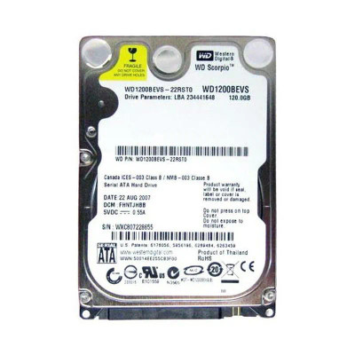 Western Digital Scorpio 120GB 5400RPM SATA 1.5Gb/s 8MB Cache 2.5-Inch Hard Drive mounted in laptop