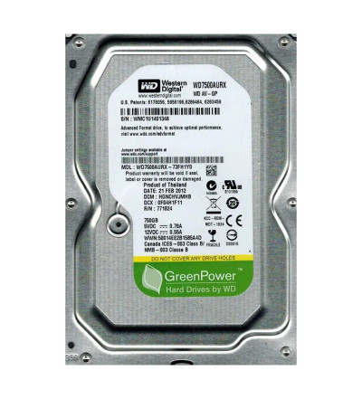 Western Digital AV-GP 750GB 5400RPM SATA 3Gb/s 64MB Cache CE 3.5-Inch Hard Drive mounted in a DVR