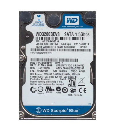 WD3200BEVS-08VAT2 - Western Digital 320GB 5400RPM SATA 8MB 2.5" HDD