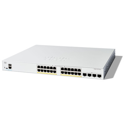 Cisco Catalyst 1200 24-port GE PoE Switch, ideal for network setups, compatible with various devices.