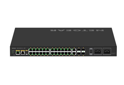 NetGear AV Line M4250-26G4F-PoE++ L3 Managed Switch mounted in a rack, GSM4230UP-100EUS