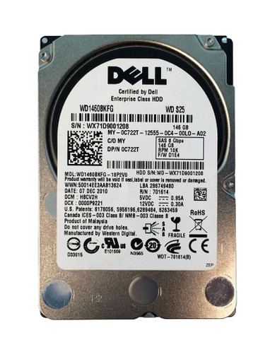 0C722T - Dell 146GB 10K RPM SAS 6Gb 2.5" Hot-Plug HDD