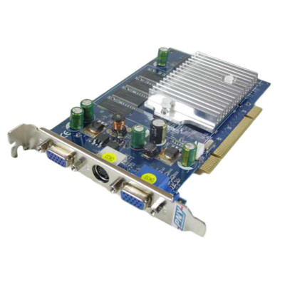 PNY GeForce FX5200 256MB DDR graphics card with dual D-Sub and S-Video out ports, compatible with desktop computers
