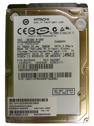 HTS545050B9A300 - Hitachi 500GB 5400RPM SATA 8MB 2.5" HDD