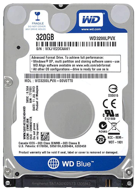 WD3200LPVX Western Digital Blue 320GB 5400RPM SATA 6Gbps 8MB Cache 2.5-inch Internal Hard Drive