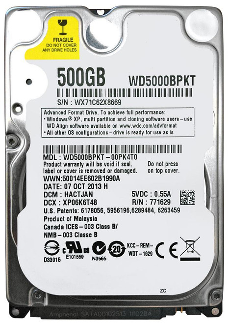 WD5000BPKT Western Digital Scorpio Black 500GB 7200RPM SATA 3Gbps 16MB Cache 2.5-inch Internal Hard Drive