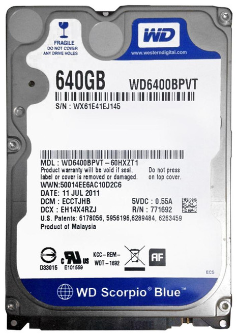 WD6400BPVT Western Digital Scorpio Blue 640GB 5400RPM SATA 3Gbps 8MB Cache 2.5-inch Internal Hard Drive