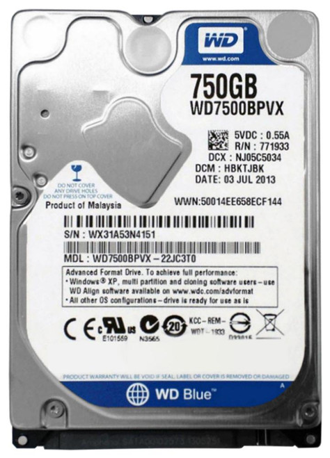 WD7500BPVX Western Digital Blue 750GB 5400RPM SATA 6Gbps 8MB Cache 2.5-inch Internal Hard Drive