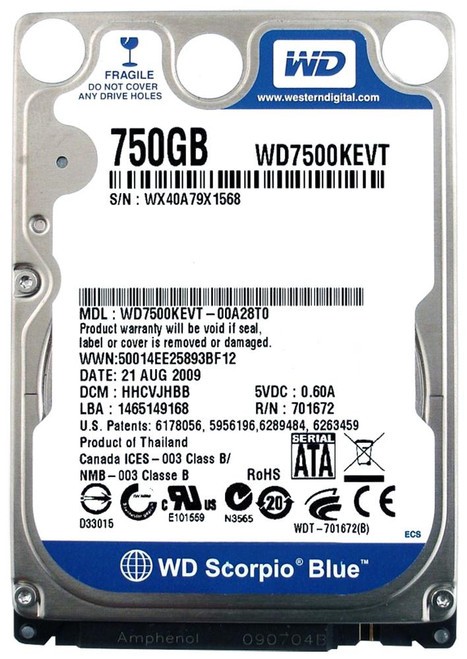 WD7500KEVT Western Digital Scorpio Blue 750GB 5200RPM SATA 3Gbps 8MB Cache 2.5-inch Internal Hard Drive