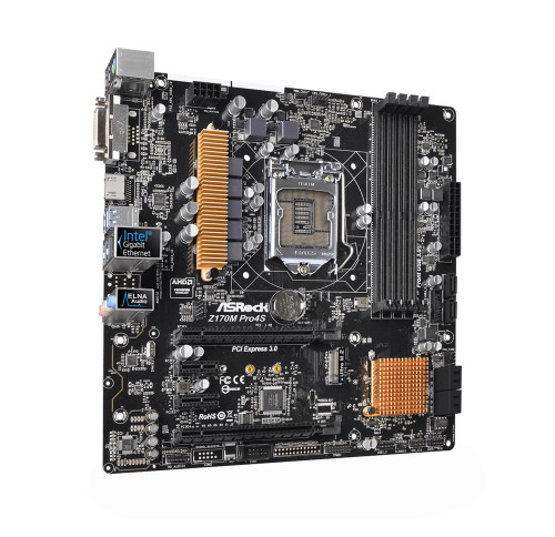 Z170M Pro4S ASRock Socket LGA 1151 Intel Z170 Chipset 7th/6th Generation Core i7 / i5 / i3 / Pentium / Celeron Processors Support DDR4 4x DIMM 6x SATA3 6.0Gb/s Micro-ATX Motherboard