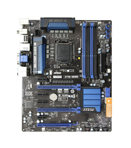 Z77A-GD55 - MSI Desktop Motherboard Intel Z77 Express Chipset Socket H2 LGA-1155 ATX 1 x Processor Support 32GB DDR3 SDRAM Maximum RAM SLI, CrossFireX Support Serial ATA/600, Serial ATA/300 Yes Controller 3 x PCIe x16 Slot 2 x USB 3.0 Port Yes