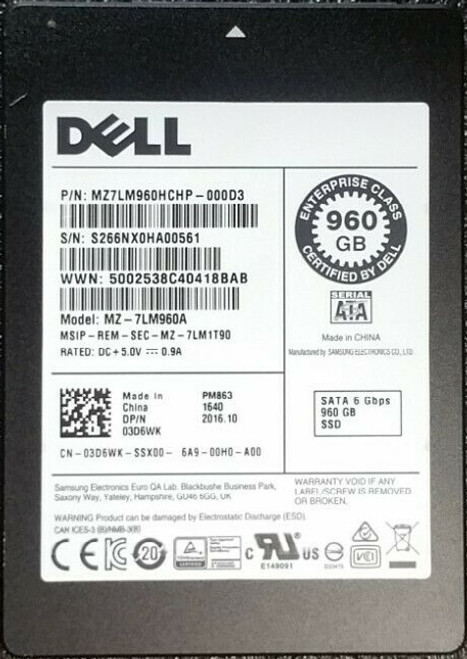 SAMSUNG MZ7LM960HCHP-000D3 Pm863 960gb Sata 6gbps 2.5inch Internal Solid State Drive