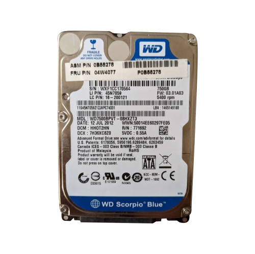 04W4077 - Lenovo 750GB 5400RPM SATA 2.5" HDD
