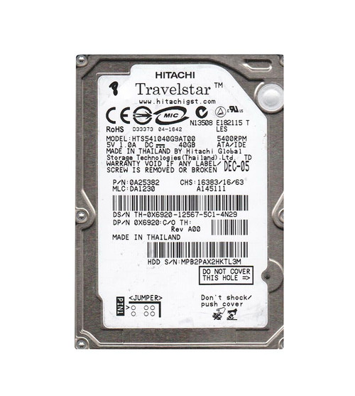 0A25382 - Hitachi 40GB 5400RPM IDE ATA-100 8MB 2.5" HDD