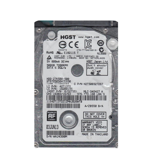 0J32735 - Hitachi Travelstar Z7K500 500GB 7200RPM SATA 6Gb/s 32MB Cache 2.5-inch Hard Drive