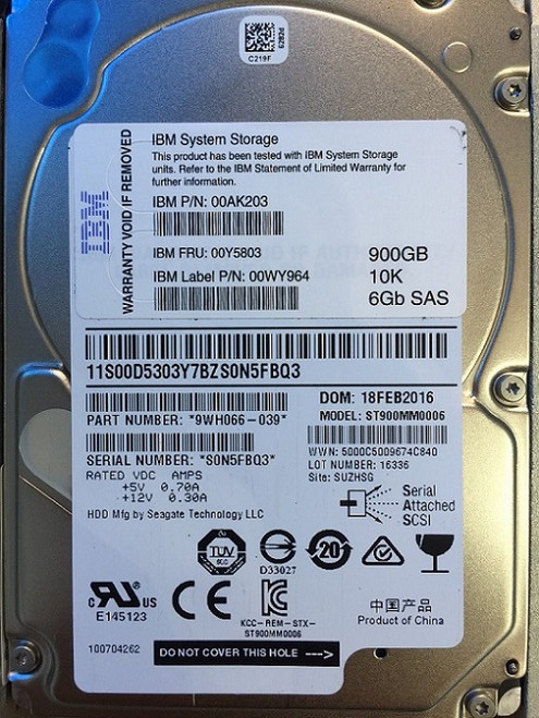 00WY964 - IBM 900GB 10000RPM SAS 6Gb/s Hot-Swappable 2.5-inch Hard Drive for Storewize V5000