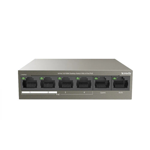Tenda 6-Port 10/100M Desktop Switch with 4-Port PoE, ideal for powering IP cameras and VoIP phones