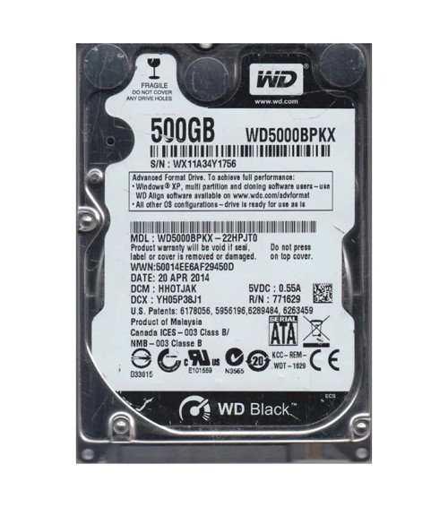 WD WD5000BPKX-22HPJT0 Black 500GB SATA 6Gb/s 7200RPM Hard Drive