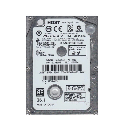 0J38105 - HGST 500GB 5400RPM SATA 16MB 2.5" HDD