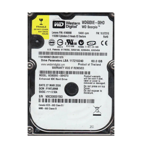 WD600VE-08HDT0 - Western Digital 60GB 5400RPM EIDE 8MB 2.5" HDD