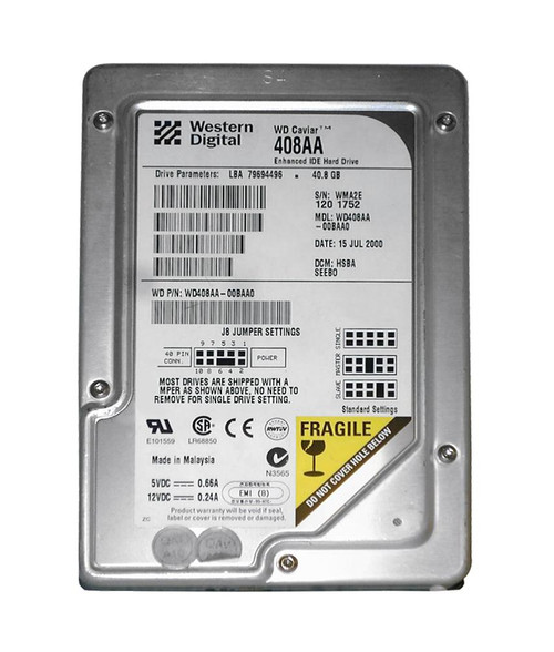 WD408AA-00BAA0 - Western Digital 40.8GB 5400RPM EIDE 2MB 3.5" HDD