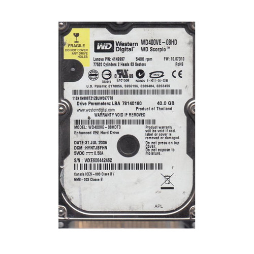 WD400VE-08HDT0 - Western Digital 40GB 5400RPM EIDE 2.5" HDD